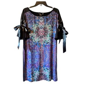 NWT Desigual Multicolor Patterned Dress Mandala Print Ribbon Ties Gemstones Sz L